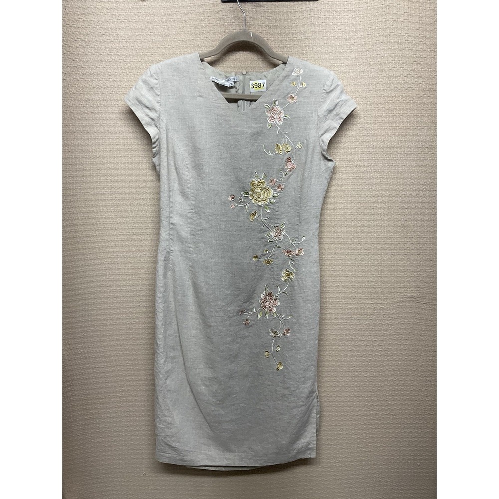 Vintage Maggy London Embroidered Floral 100% Linen Gray Dress Size 10